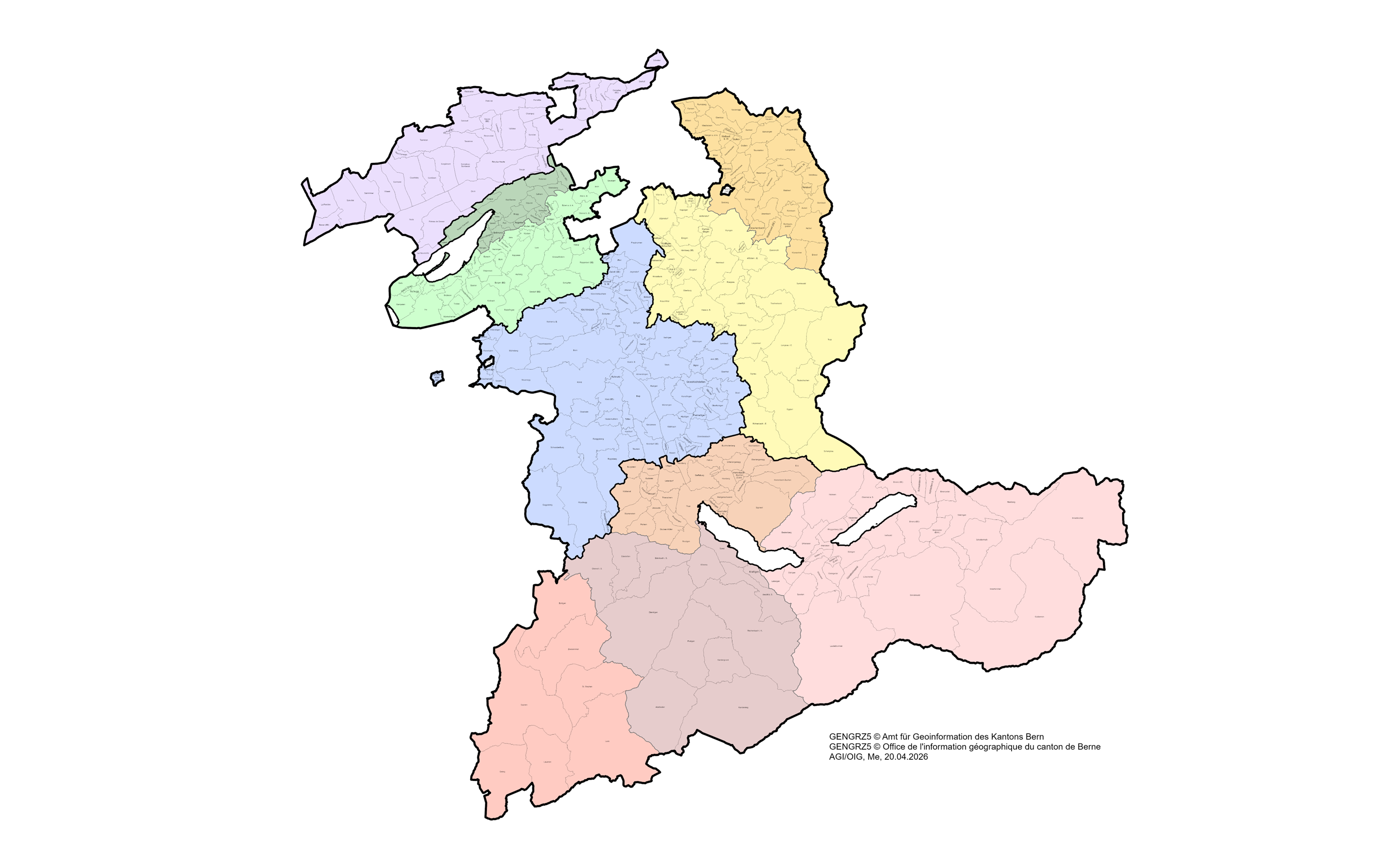 Carte du canton de Berne mettant les préfectures en évidence par différentes teintes